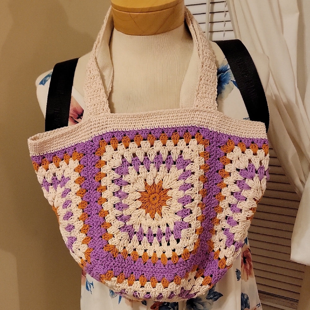 Pull & Bear Handcrafted Crochet Tote Bag - Purple, Cream, and Orange